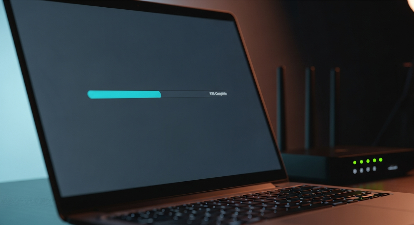 Laptop showing router firmware update in progress